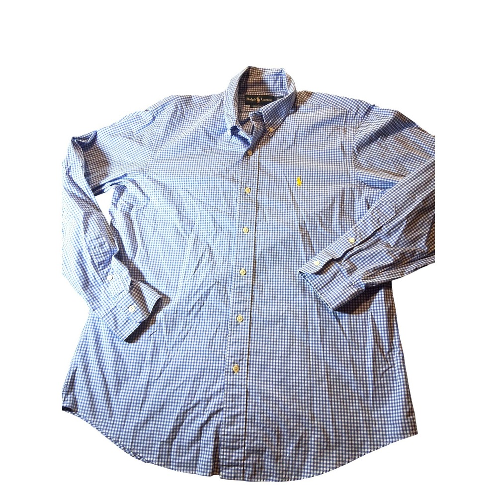 Polo Ralph Lauren Mens Custom Fit Gingham Button Down Shirt Blue White Large L